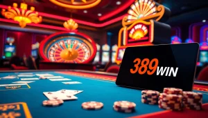 Engage with the high-energy gaming experience at 389WIN featuring modern casino tables and vibrant slot machines.