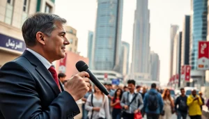 Capture live news from https://emiratenewsday.com featuring a journalist in Dubai amidst urban activity.