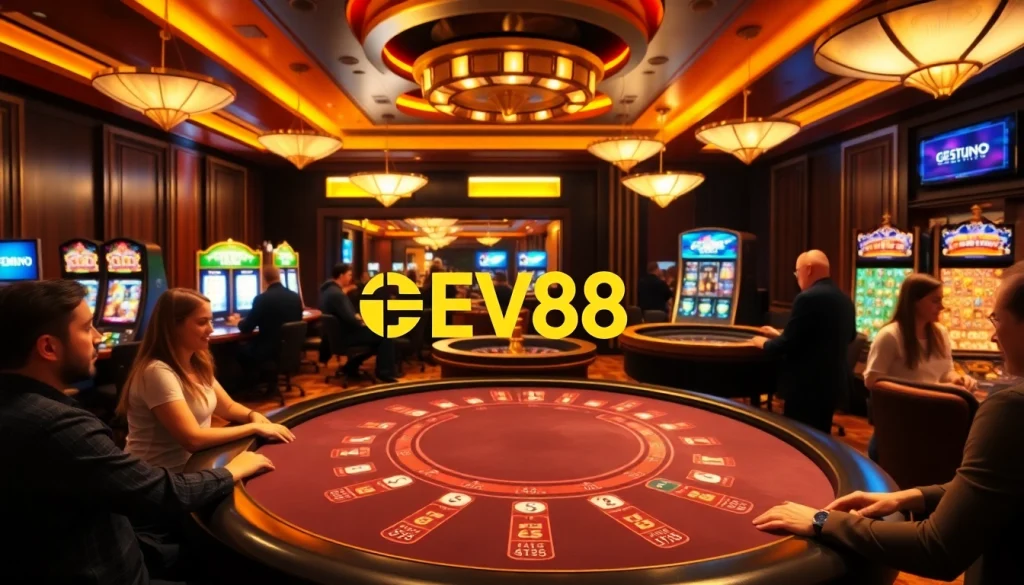 Experience high-stakes gaming at EV88 with an elegant casino setting featuring blackjack and slot machines.