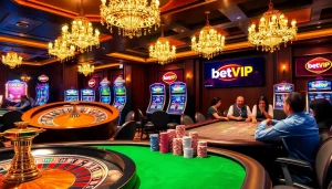 Trải nghiệm cảm giác hồi hộp cùng BetVIP khi người chơi tham gia poker và roulette với cược cao tại một casino sang trọng.