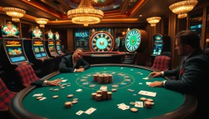 Bl555 poker players engaged in a thrilling high-stakes game at an elegant casino.
