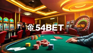 Experience high-stakes excitement with 54BET at a modern casino setting, featuring poker games and vibrant slots.