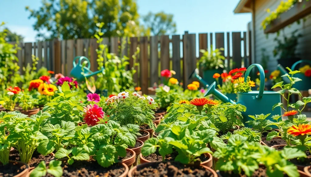 Gardening scene with vibrant plants and flowers creating an inviting atmosphere for gardening enthusiasts.
