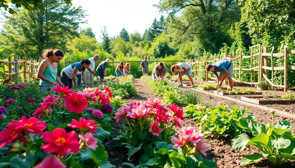 Gardening activities in a community garden with diverse plants and participants.