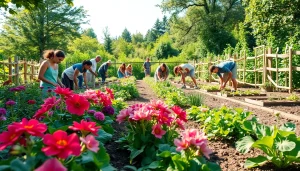 Gardening activities in a community garden with diverse plants and participants.