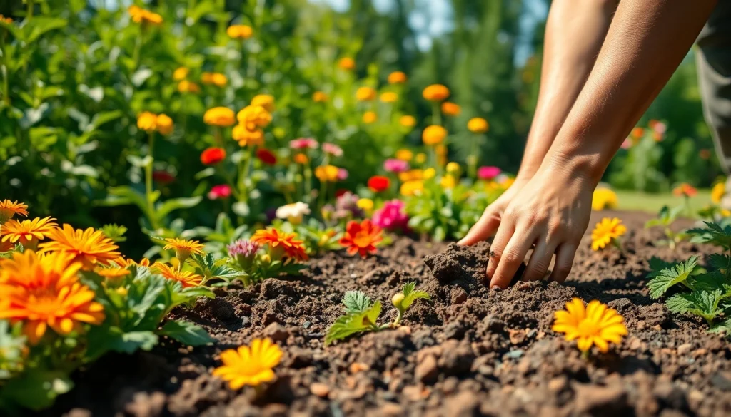 Gardening in a vibrant garden showcasing colorful plants and rich soil texture.
