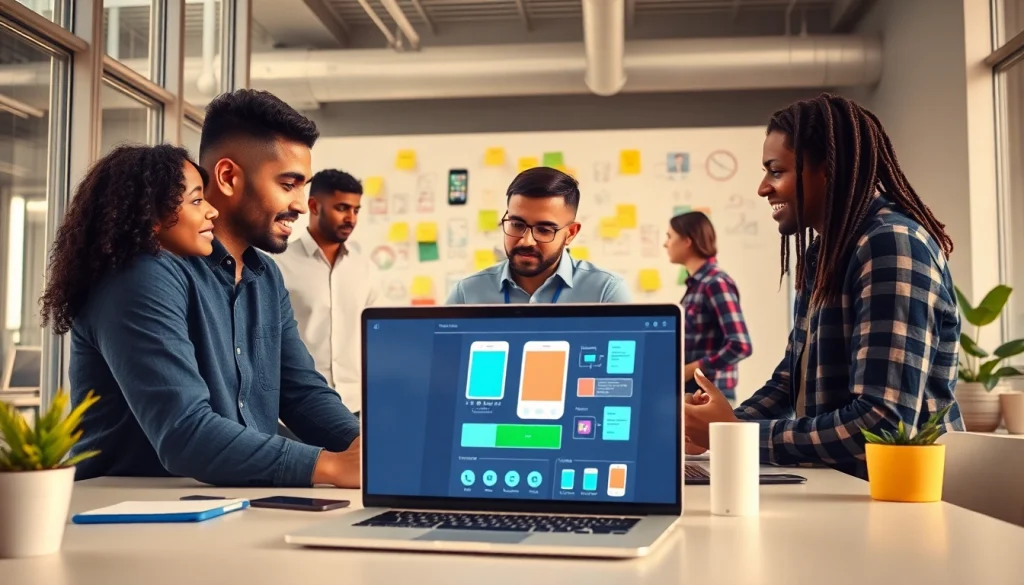Developers collaborating on mobile apps in a modern workspace with vibrant designs.