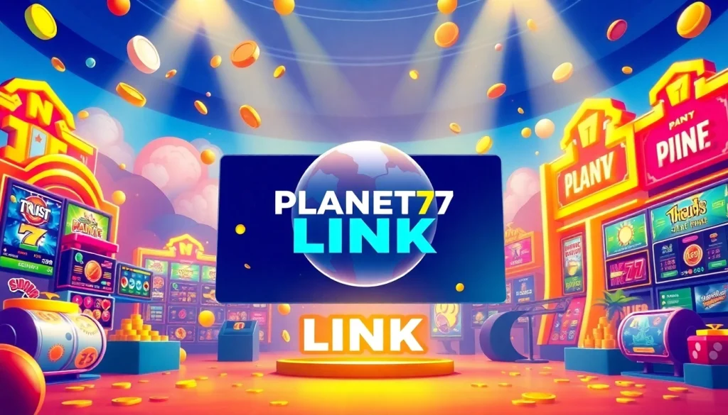 Menampilkan ilustrasi konsep permainan online dengan fokus pada PLANET77 LINK yang menarik dan colorful.