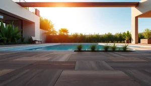 Carrelage extérieur élégant présenté dans un jardin lumineux avec des carreaux texturés autour d'une piscine.