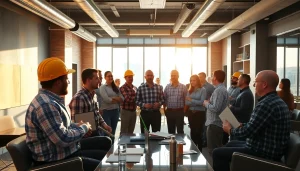 Engaged members of a construction association South Carolina in a modern meeting space.