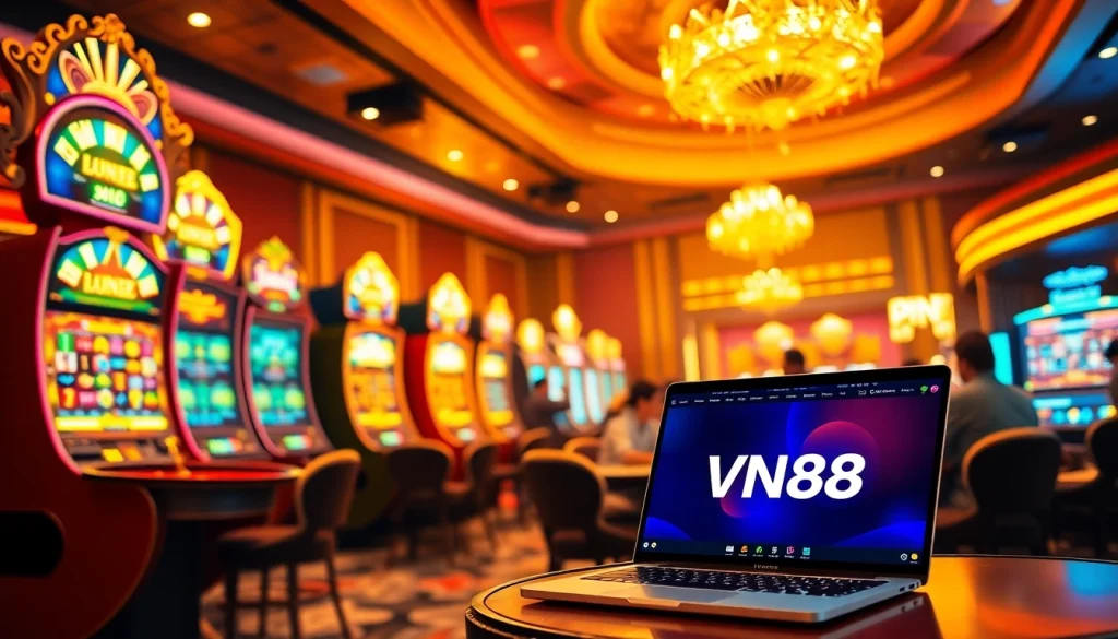 Experience the excitement of online gambling at VN88 with vibrant poker tables and slot machines.