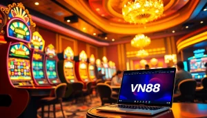 Experience the excitement of online gambling at VN88 with vibrant poker tables and slot machines.