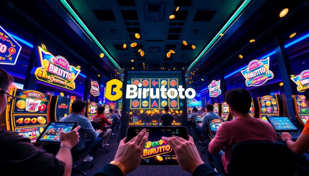 Gambar menarik antarmuka permainan slot online Birutoto dengan grafis dinamis dan warna-warni yang cerah.