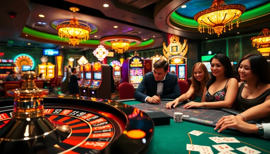 Experience the excitement of link vào 789p at a luxurious casino scene filled with lively players and vibrant gaming tables.