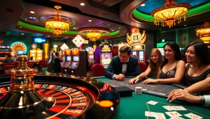 Experience the excitement of link vào 789p at a luxurious casino scene filled with lively players and vibrant gaming tables.