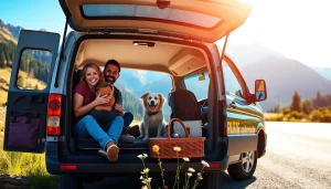 Family on a road trip adventure at https://fernweh-abenteuer.de with a scenic mountain backdrop.