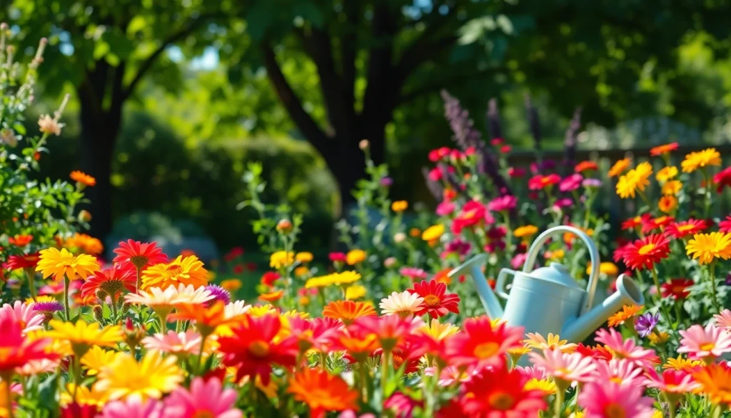 Gardening scene with vibrant flowers and lush greenery, reflecting a peaceful atmosphere.