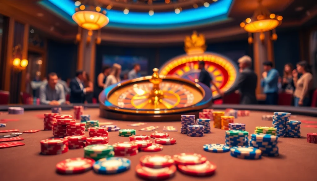Gambling scene featuring the nhà cái qq88 with players at a professional poker table and a vibrant roulette wheel.