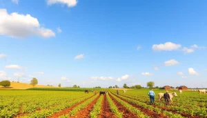 Agricultural law illustrated through a vibrant farming landscape and active farmers in the foreground.