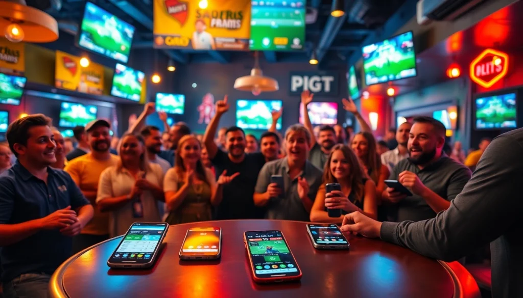 Engaged fans participating in sports betting in California at a lively bar with apps on smartphones.