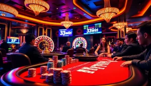 An exciting gaming scene featuring players at a poker table, with game 33win displaying enticing betting options amidst vibrant casino lights.