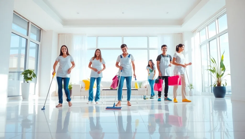 Cleaning service team diligently working in a bright, modern living room, showcasing their expertise.