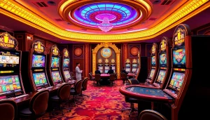 Nổ Hũ QH88 slot machines in an exciting casino setting with colorful gaming action
