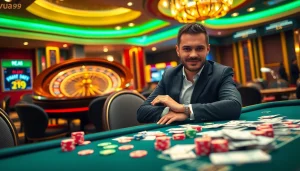 Engaging gambler at the Vua99 betting table with colorful chips and cards in a luxurious casino.