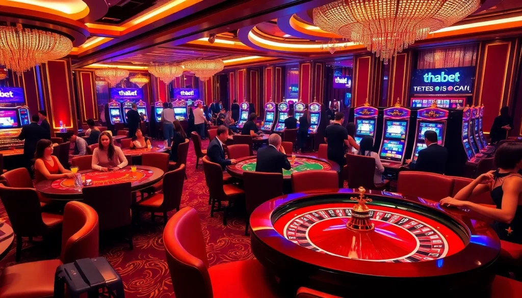 Exciting gambling action at thabet's luxurious casino tables with roulette and slot machines.