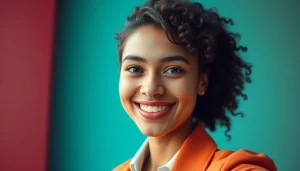 Create a captivating whatsapp profile photo with a vibrant gradient background highlighting confidence and approachability.
