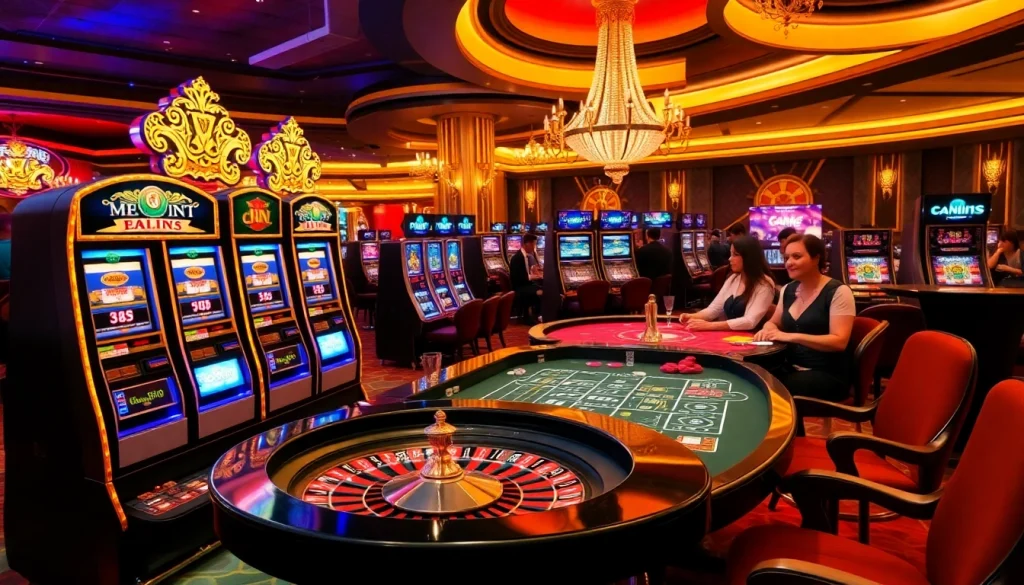Players enjoying the exhilarating game 33win at a luxurious casino setting filled with slot machines and roulette tables.