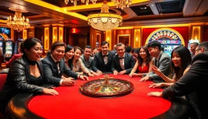 Experience the excitement of birutoto at a luxurious casino with poker tables and roulette wheels.
