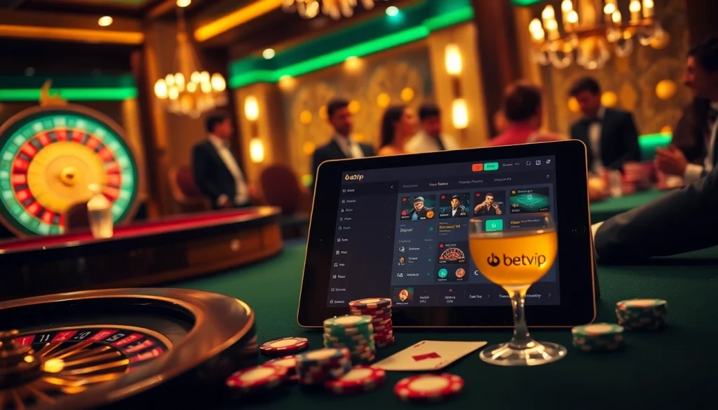 Trải nghiệm cảm giác cược cùng betvip tại một casino sang trọng với chip poker và bàn roulette.