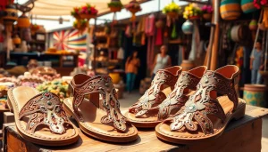 Admiring the craftsmanship of huarachepaschers.fr sandals in a vibrant market setting.