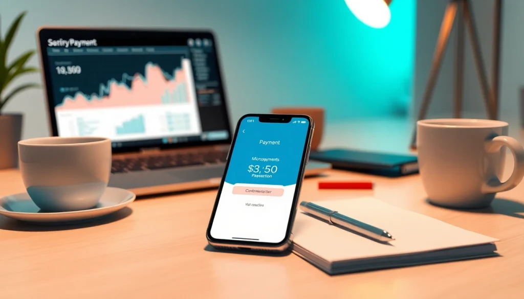 결제 확인이 표시된 스마트폰과 현대적인 작업 공간을 보여주는 소액결제 프로세스(소액결제).