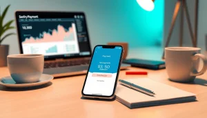 결제 확인이 표시된 스마트폰과 현대적인 작업 공간을 보여주는 소액결제 프로세스(소액결제).