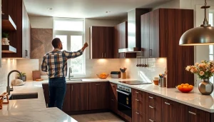 Transform beautiful home renovation by showcasing modern cabinetry installation in a vibrant kitchen.