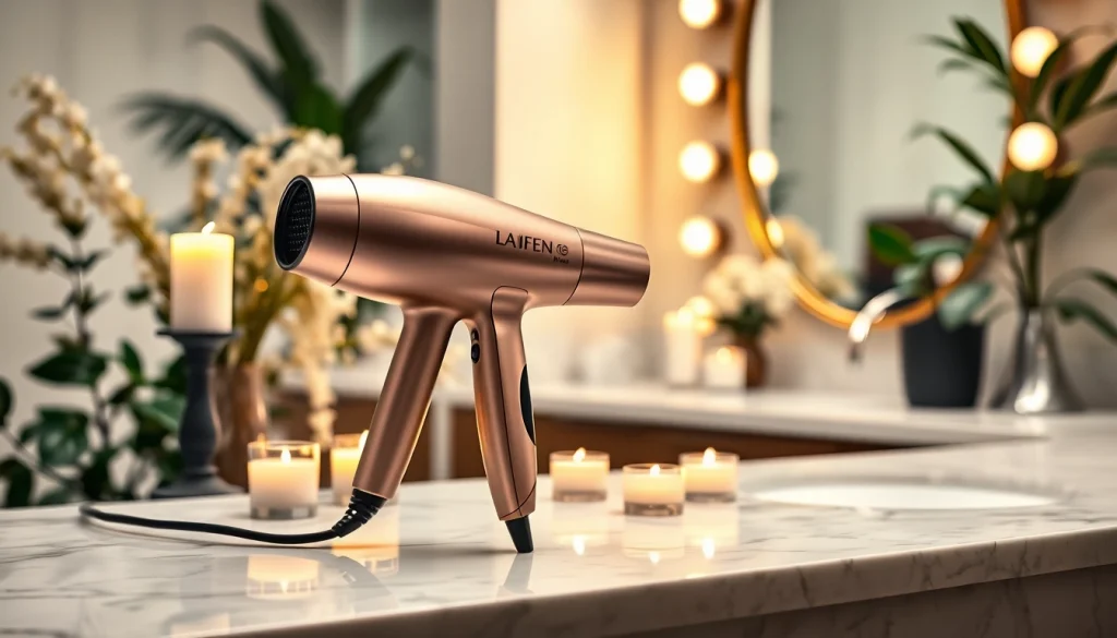 Enjoy the laifen se hair dryer, showcasing sleek design and elegance in a serene bathroom setting.