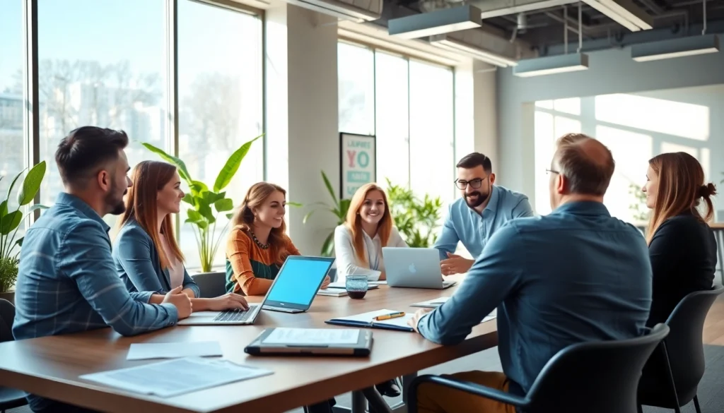 Dynamic business professionals collaborating in a modern office environment.