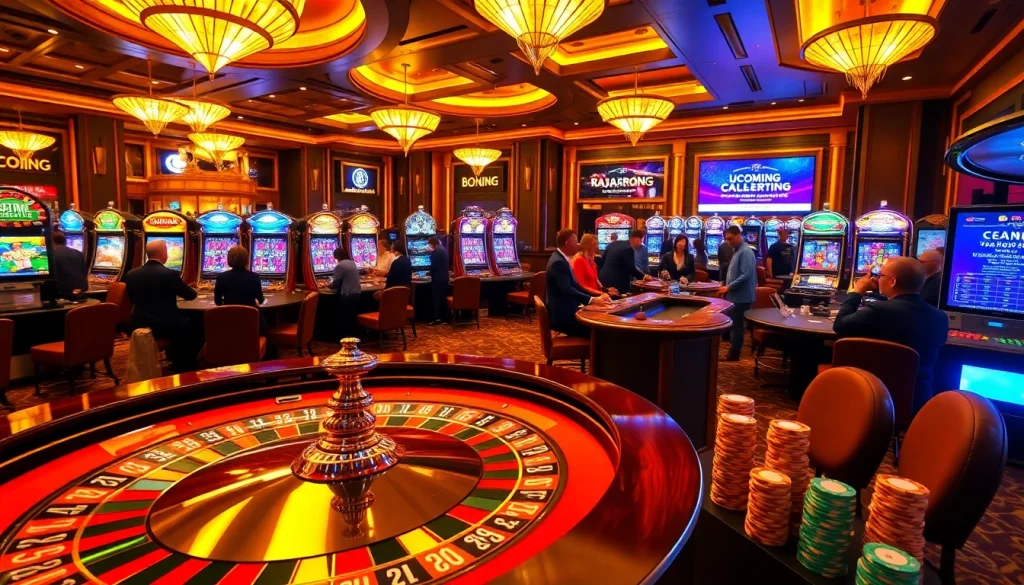 Experience the thrill of RAJABARONG's vibrant casino scene with roulette, slots, and excited players.