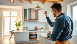 Showcase home renovation with a contractor working on a modern kitchen remodel