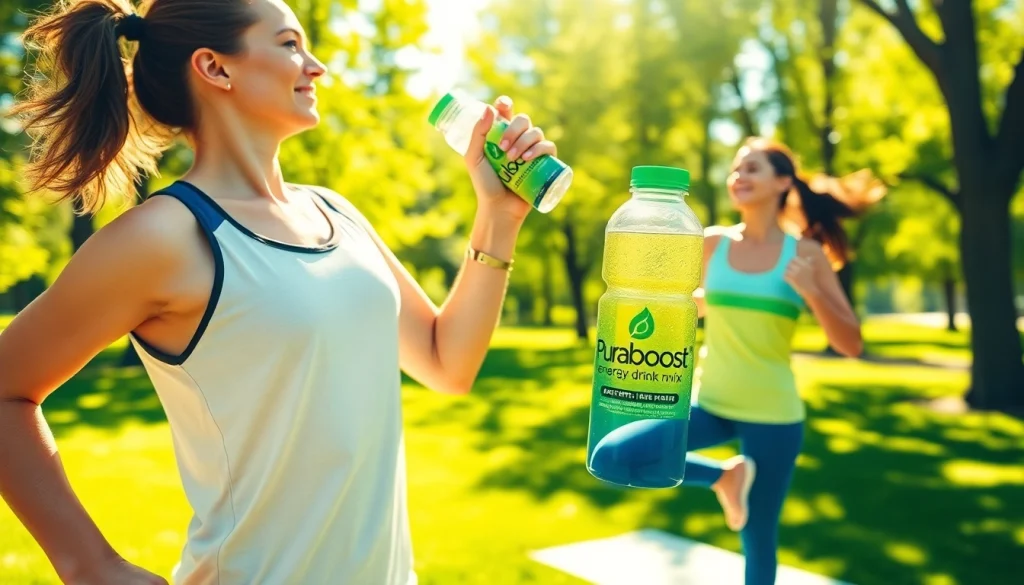 Refreshing Puraboost energy drink enjoyed by a person during an active outdoor workout.
