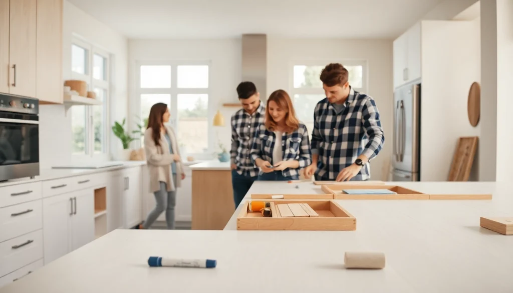 Engaged family discussing home renovation plans in a modern kitchen environment.