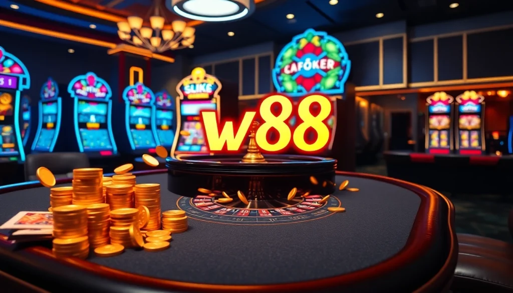 Trải nghiệm cảm giác casino đầy hưng phấn với các biểu tượng liên kết w88 hiển thị giữa các bàn chơi sôi động và máy đánh bạc.