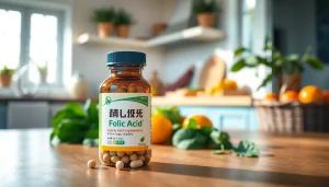 健康と栄養を強調する、新鮮な果物と野菜に囲まれた活気あるキッチンに置かれた葉酸サプリの写真。