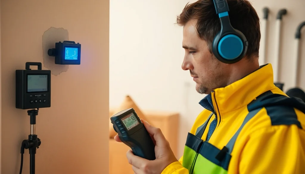 Skilled Leak Detection Falkirk technician inspecting a wall for water leaks with modern equipment.
