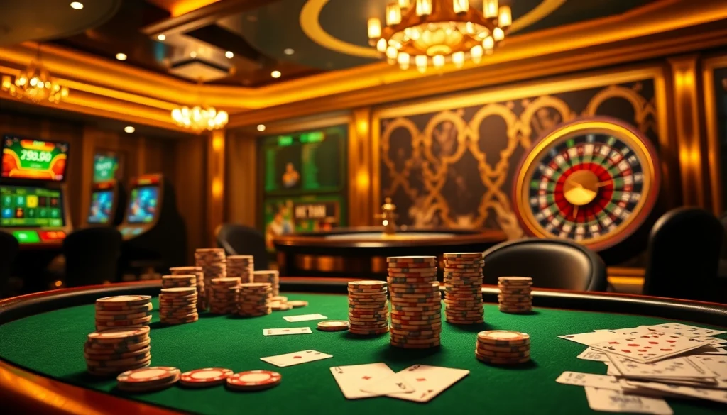 Exciting i9bet online gambling scene with poker chips and roulette wheel.
