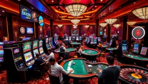 Players enjoying thrilling games at the 78king casino with vibrant slot machines and poker tables.