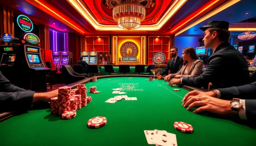 Players enjoy a thrilling poker game at S88VIP's high-end casino table, surrounded by vibrant slot machines.