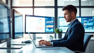 Analyze website metrics for SEO improvement in a modern office with dual monitors.